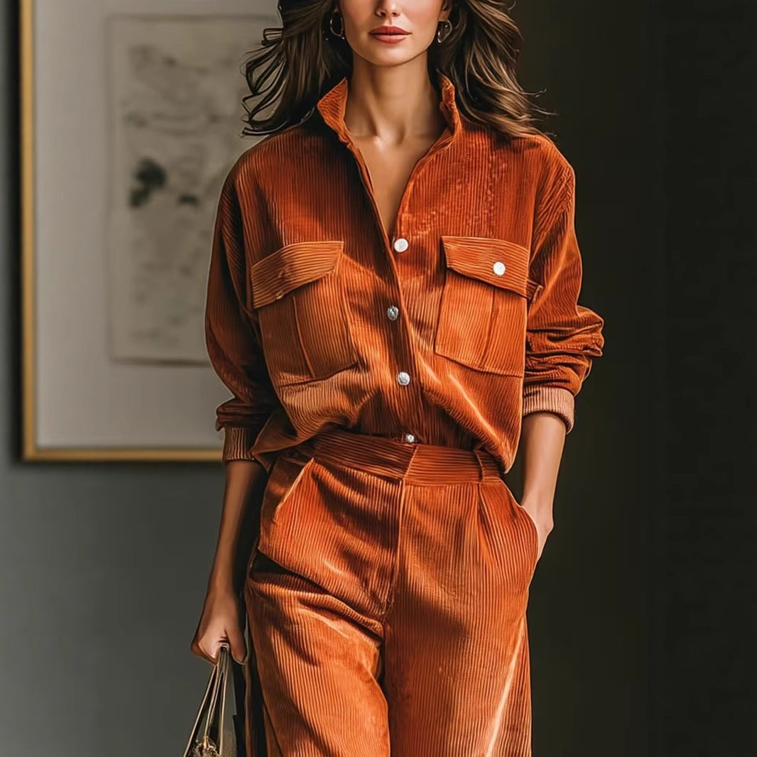 Retro Casual Design Caramel Corduroy Shirt And Wide-leg Pants Set