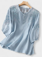 Kissina™ | Blusa de Algodão e Linho Bordada