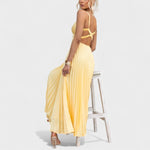 Aby™ | Vestido maxi amarelo plissado com decote em V - | Benedita Lisboa