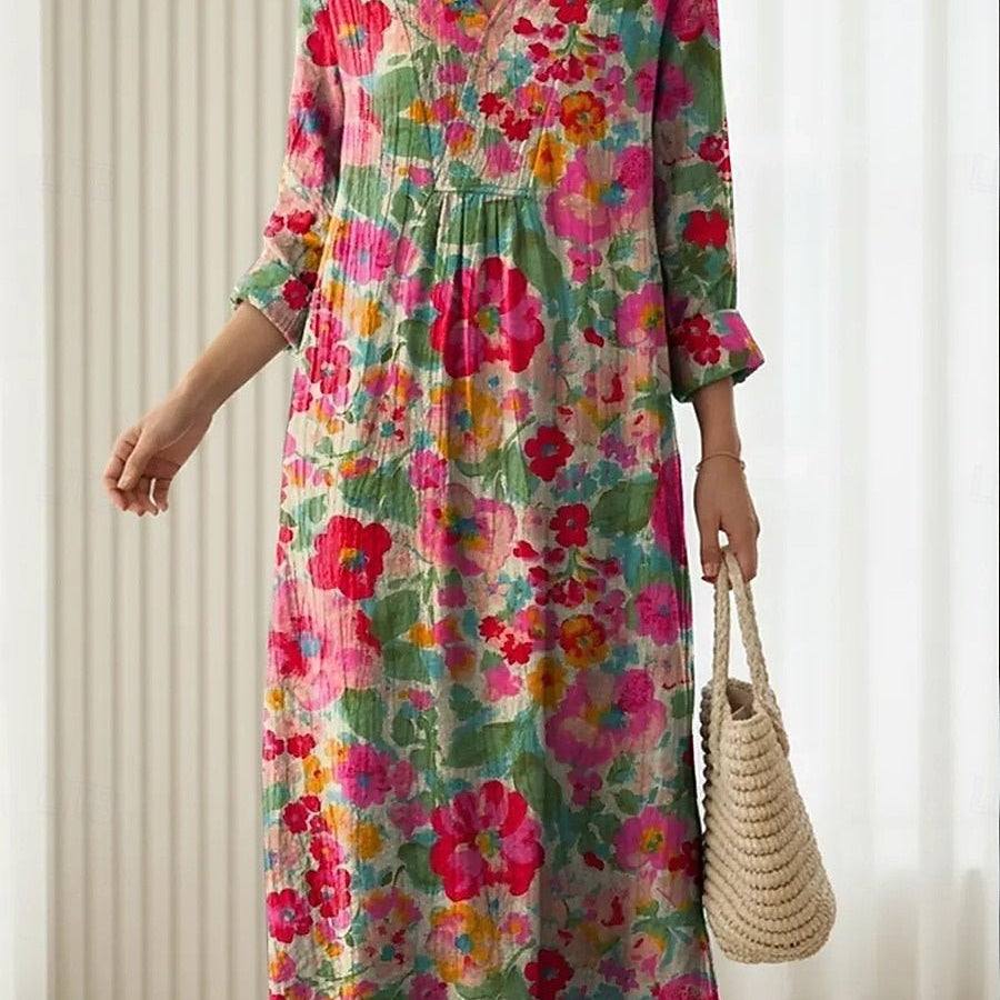 Alexandra™ | Vestido Boho Longo Verde com Flores Cor-de-Rosa - Vestido | Benedita Lisboa
