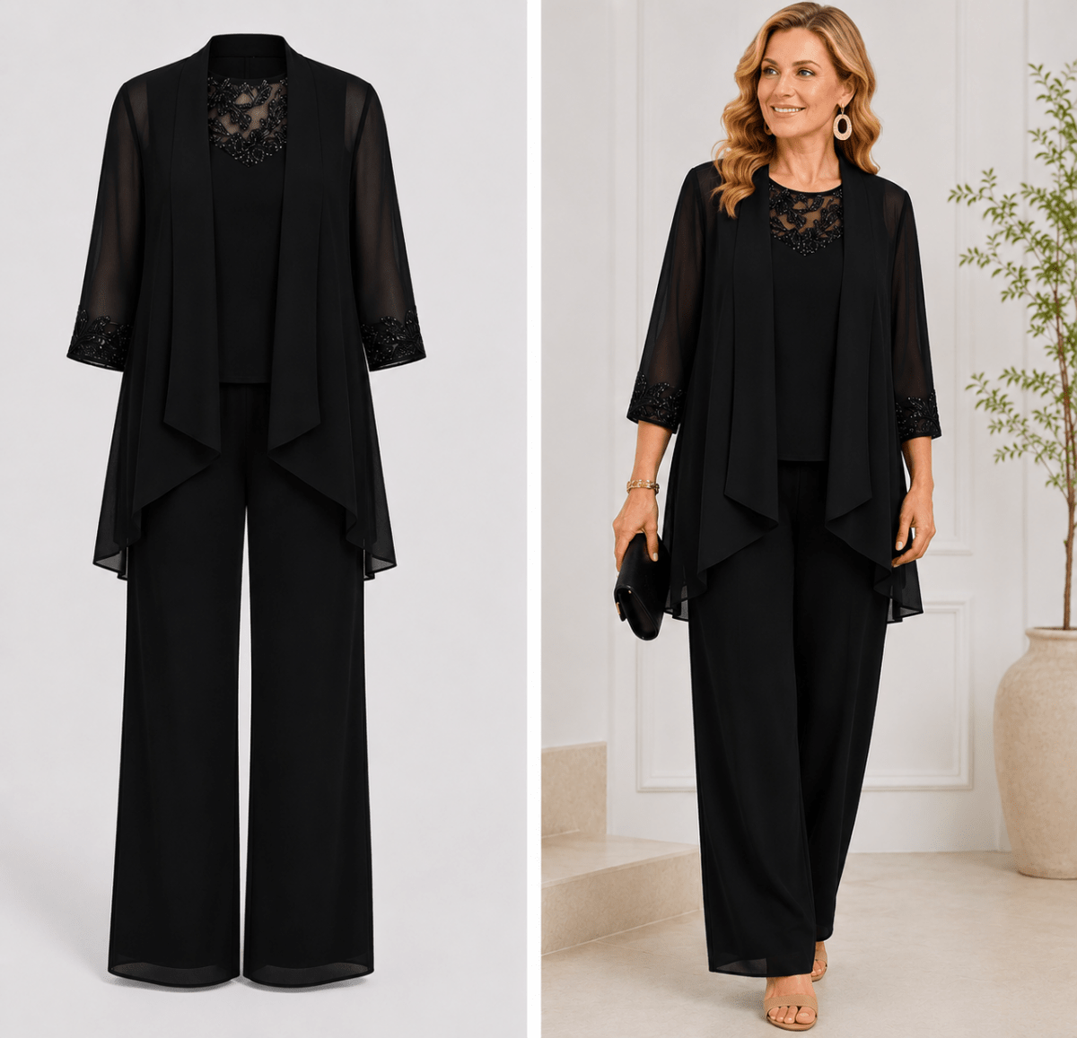 Alice™ | Conjunto de Casaco Fluido e Calça de Perna Larga Preto - set | Benedita Lisboa