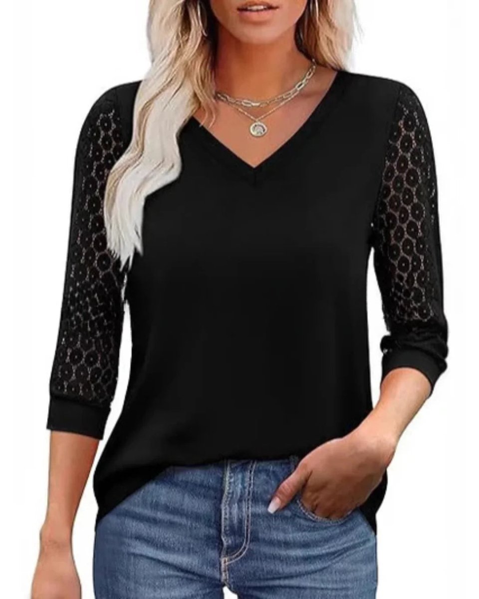 Amélia™ | Blusa com Mangas em Renda e Decote em V Elegante - | Benedita Lisboa
