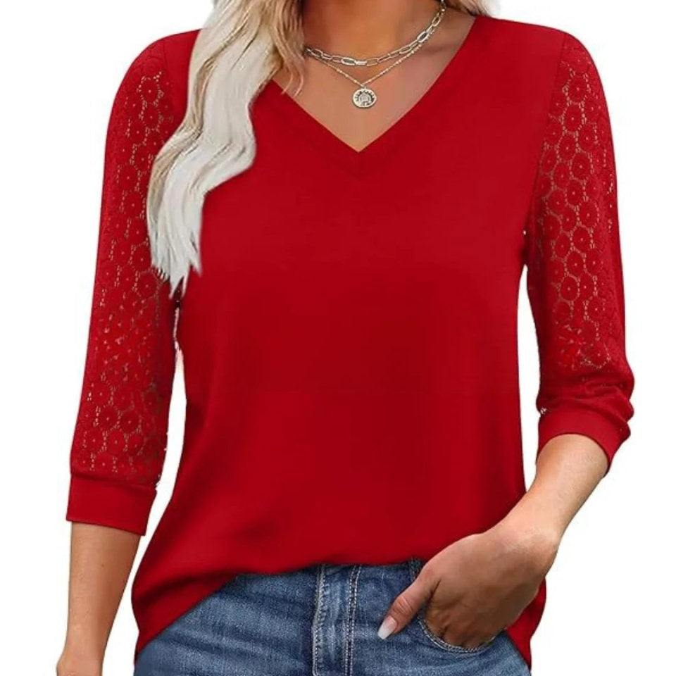 Amélia™ | Blusa com Mangas em Renda e Decote em V Elegante - | Benedita Lisboa