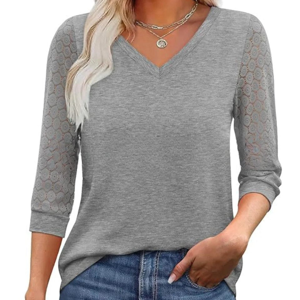 Amélia™ | Blusa com Mangas em Renda e Decote em V Elegante - | Benedita Lisboa