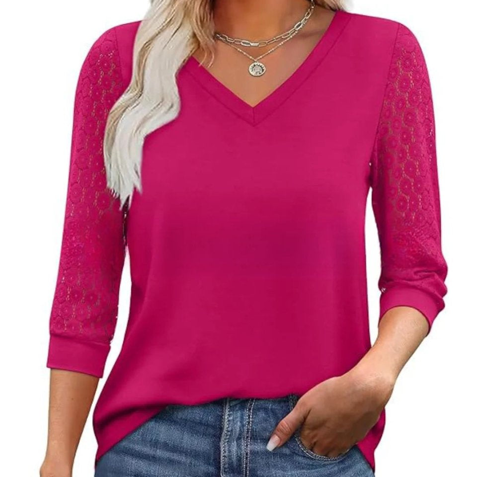 Amélia™ | Blusa com Mangas em Renda e Decote em V Elegante - | Benedita Lisboa