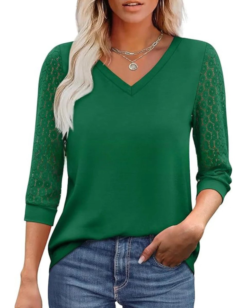 Amélia™ | Blusa com Mangas em Renda e Decote em V Elegante - | Benedita Lisboa