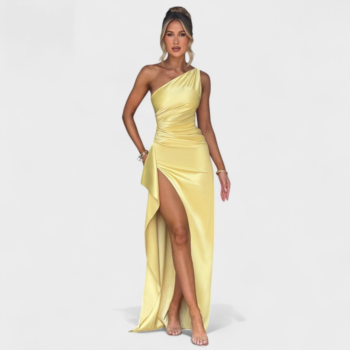 Ariel - Vestido Assimétrico Cetim Limão - | Benedita Lisboa