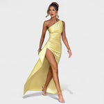 Ariel - Vestido Assimétrico Cetim Limão - | Benedita Lisboa
