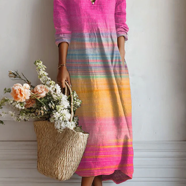 Bárbara™ | Vestido Boho Longo de Riscas Coloridas - Vestido | Benedita Lisboa