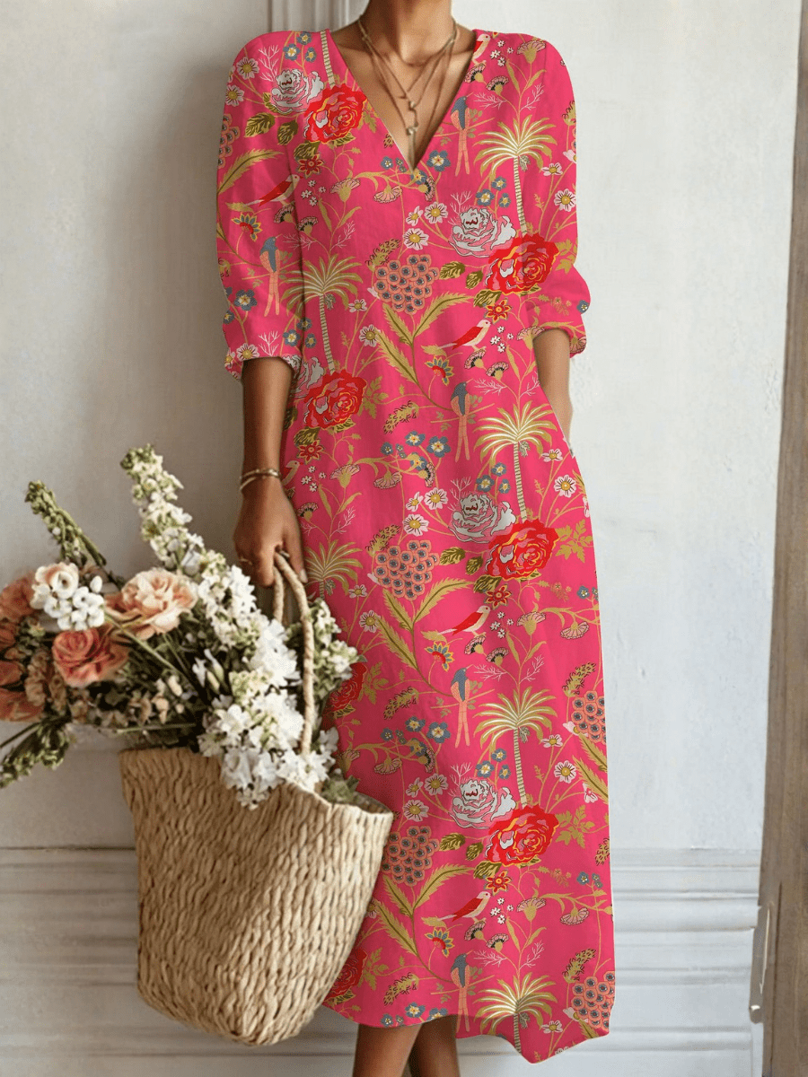 Bianca™ | Vestido Boho Longo Rosa com Flores e Palmeiras - Vestido | Benedita Lisboa