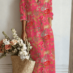 Bianca™ | Vestido Boho Longo Rosa com Flores e Palmeiras - Vestido | Benedita Lisboa