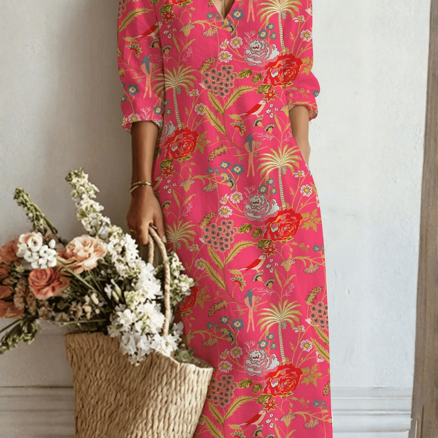 Bianca™ | Vestido Boho Longo Rosa com Flores e Palmeiras - Vestido | Benedita Lisboa