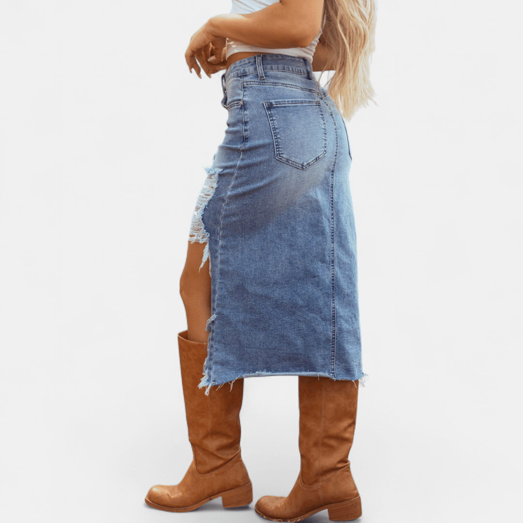 BLAKE™ – Saia Maxi de Denim de Cintura Alta Relaxada - | Benedita Lisboa