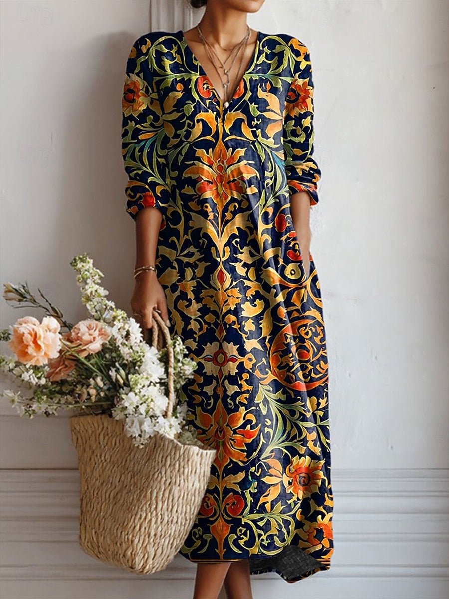 Camila™ | Vestido Boho Longo Azul com Flores Douradas - Vestido | Benedita Lisboa