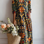 Camila™ | Vestido Boho Longo Azul com Flores Douradas - Vestido | Benedita Lisboa