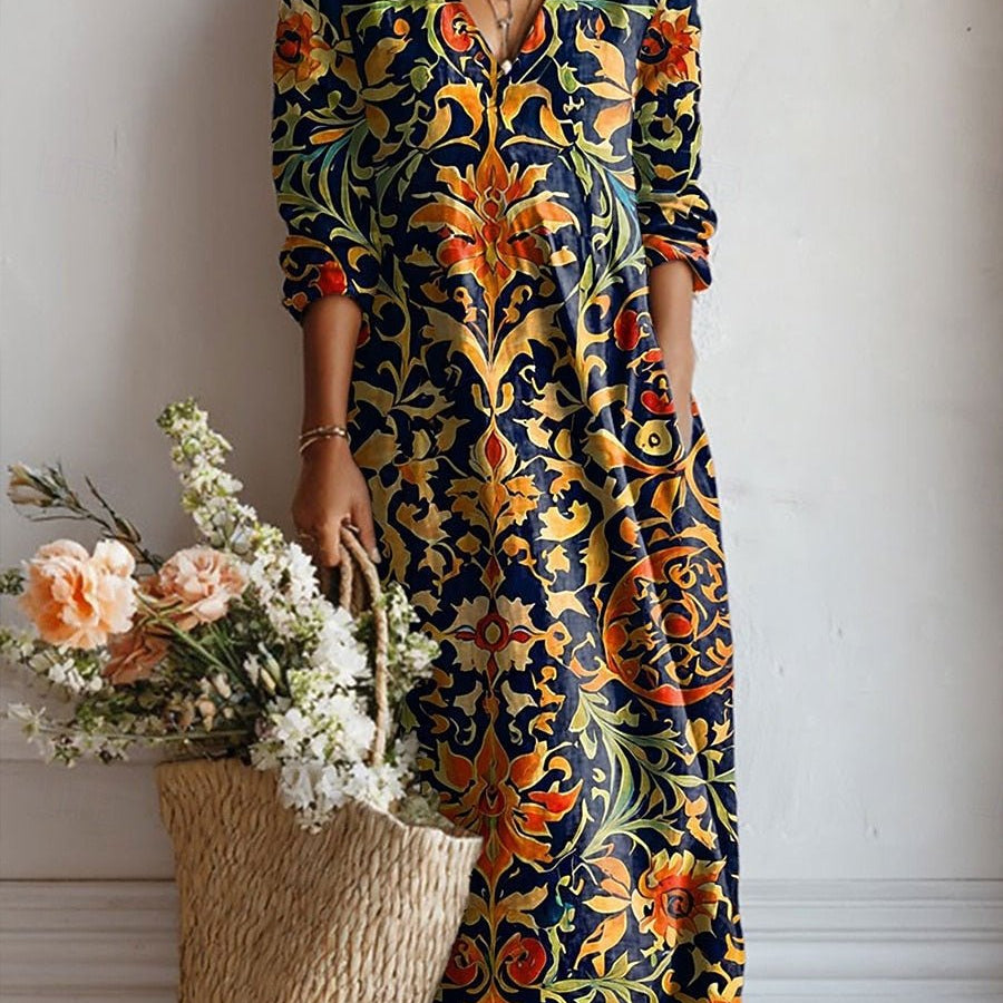 Camila™ | Vestido Boho Longo Azul com Flores Douradas - Vestido | Benedita Lisboa