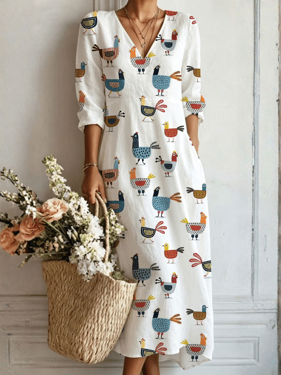 Carlota™ | Vestido Boho Longo Branco com Galinhas - Vestido | Benedita Lisboa