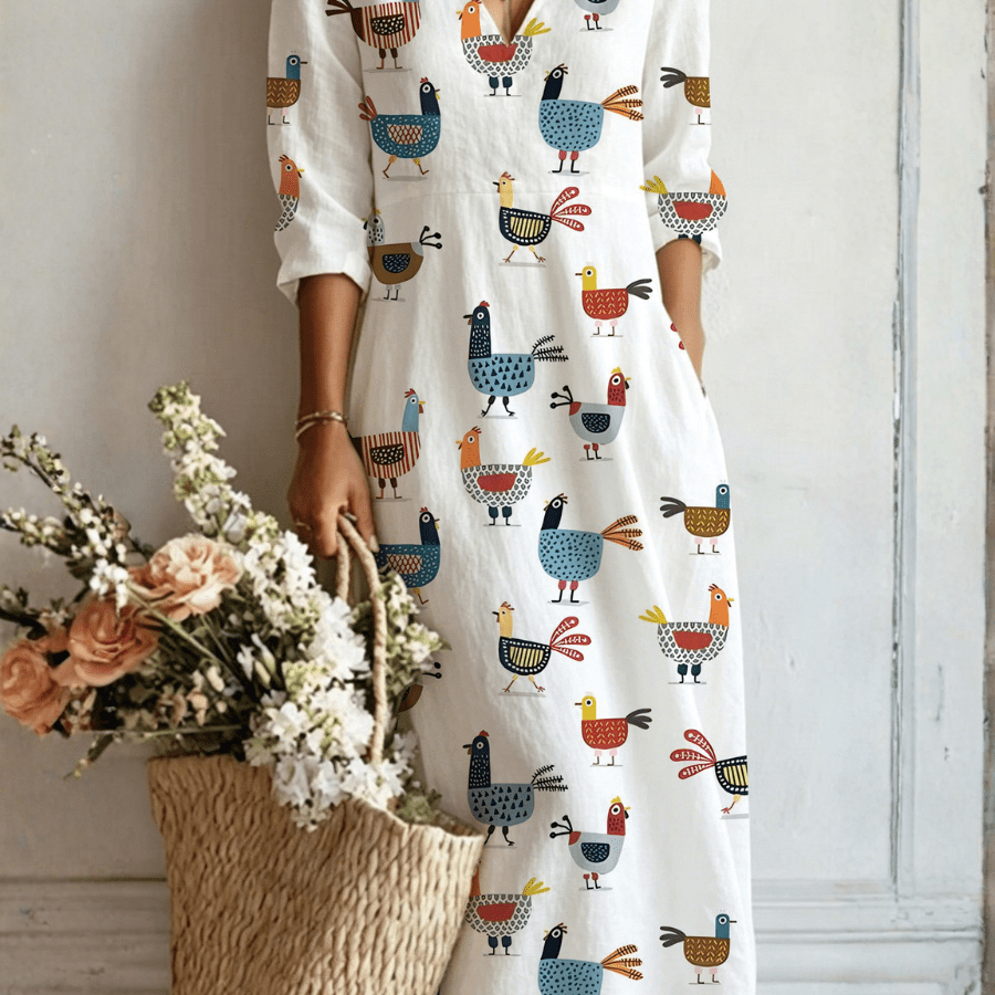 Carlota™ | Vestido Boho Longo Branco com Galinhas - Vestido | Benedita Lisboa