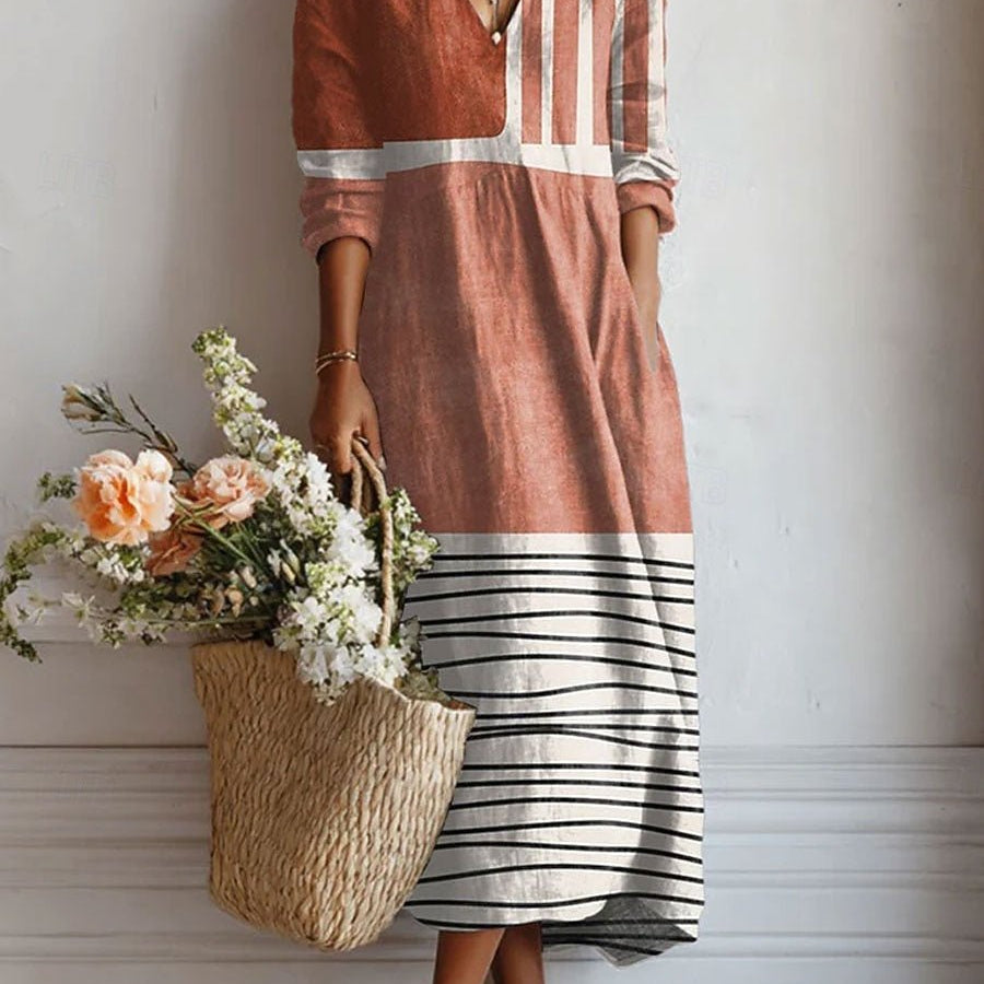 Carolina™ | Vestido Boho Longo Terracota com Riscas - Vestido | Benedita Lisboa
