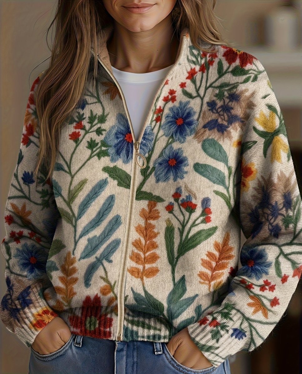 Clementine™ | Casaco de Malha com Fecho e Flores de Jardim Botânico - | Benedita Lisboa