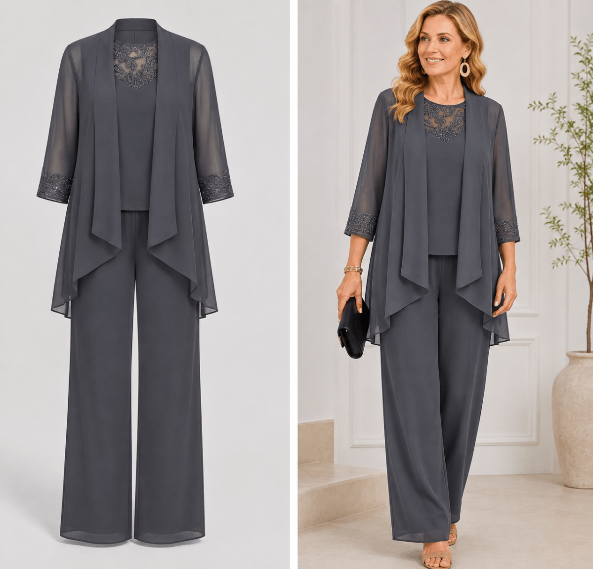 Constança™ | Conjunto de Casaco Fluido e Calça de Perna Larga Cinzento - set | Benedita Lisboa