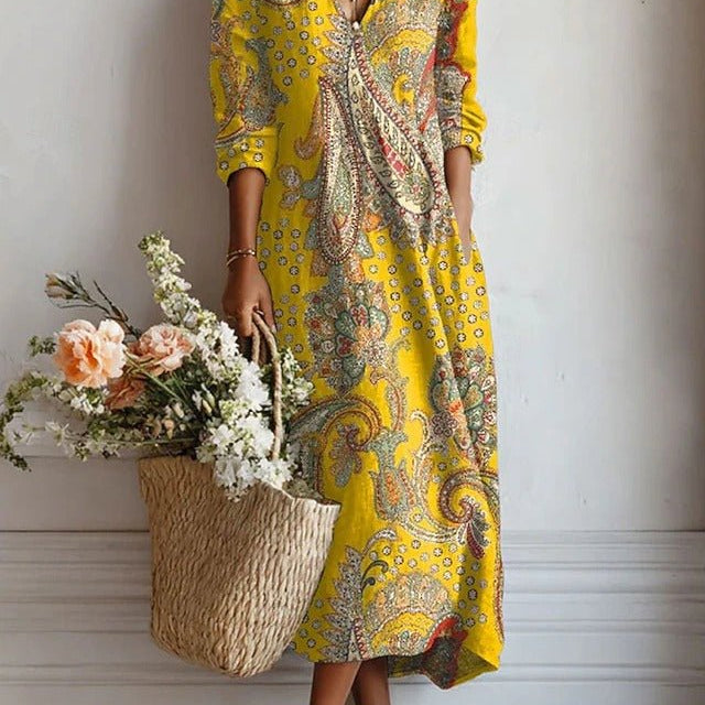 Cristina™ | Vestido Boho Longo Amarelo Estampado - Vestido | Benedita Lisboa