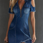 Daniela™ | Mini Vestido Jeans Decote Zíper com Recorte nos Ombros - | Benedita Lisboa
