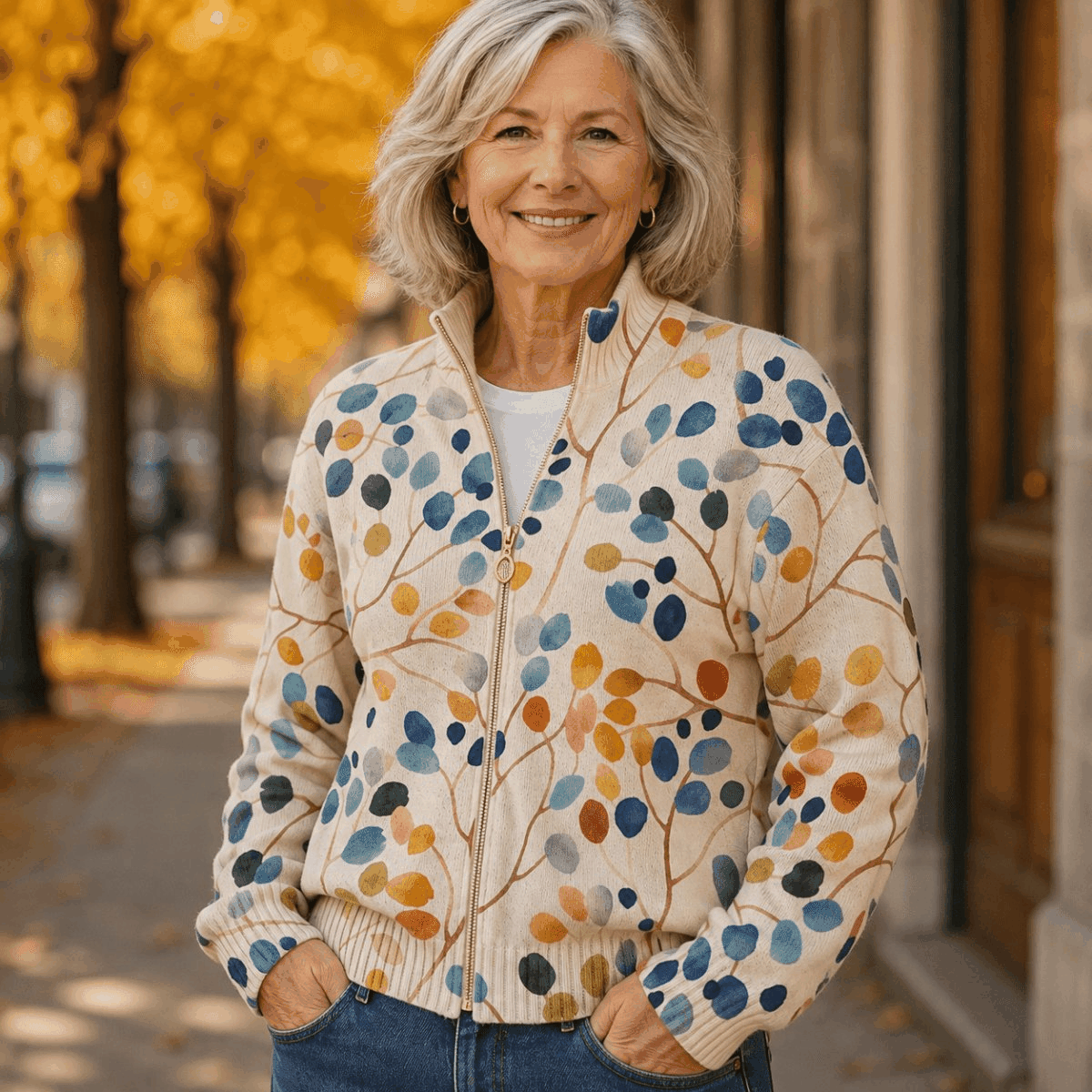 Delphine™ | Casaco de Malha com Fecho e Estampado de Folhas Botânicas - | Benedita Lisboa