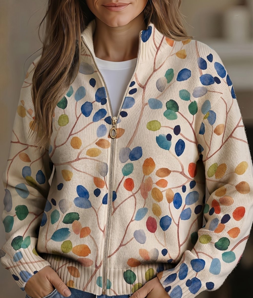 Delphine™ | Casaco de Malha com Fecho e Estampado de Folhas Botânicas - | Benedita Lisboa