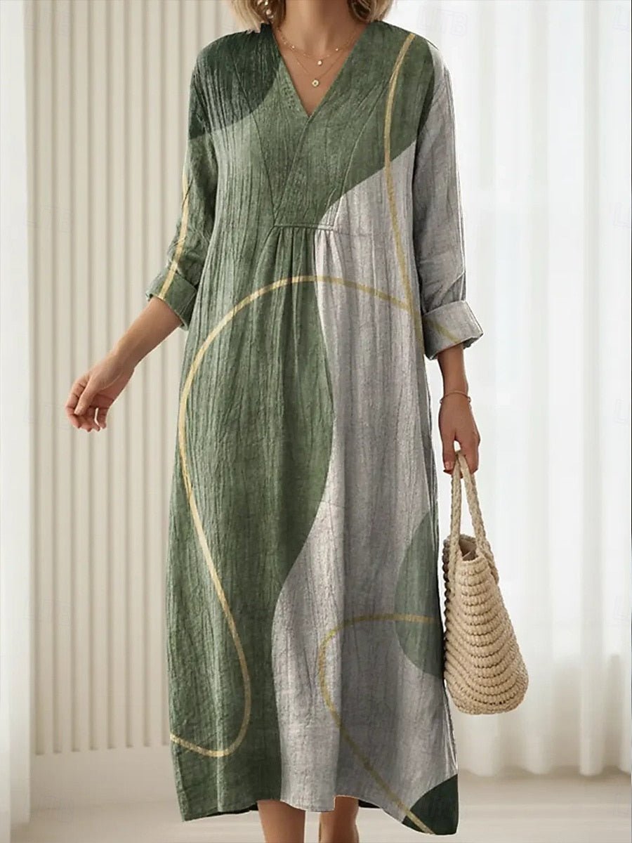 Diana™ | Vestido Boho Longo Verde com Linhas Douradas - Vestido | Benedita Lisboa