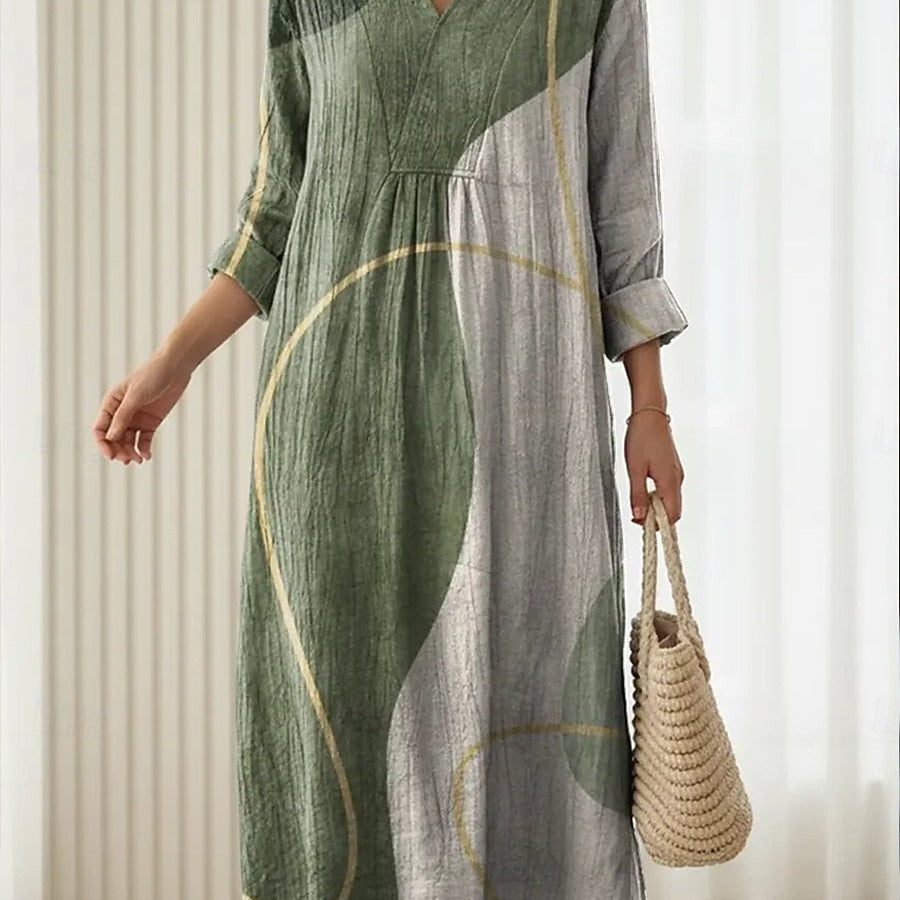 Diana™ | Vestido Boho Longo Verde com Linhas Douradas - Vestido | Benedita Lisboa