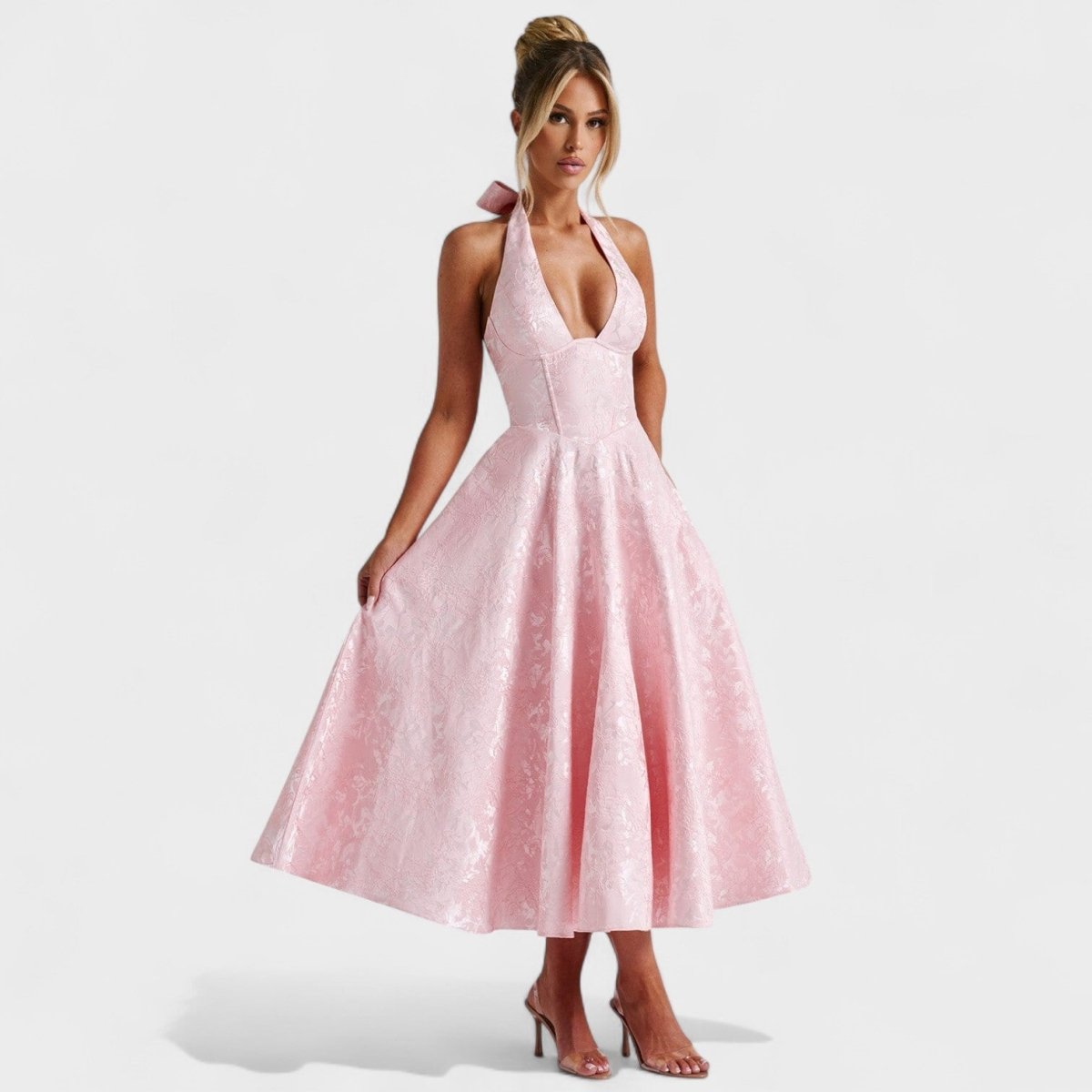 Effie™ | Vestido midi texturado com decote V - | Benedita Lisboa