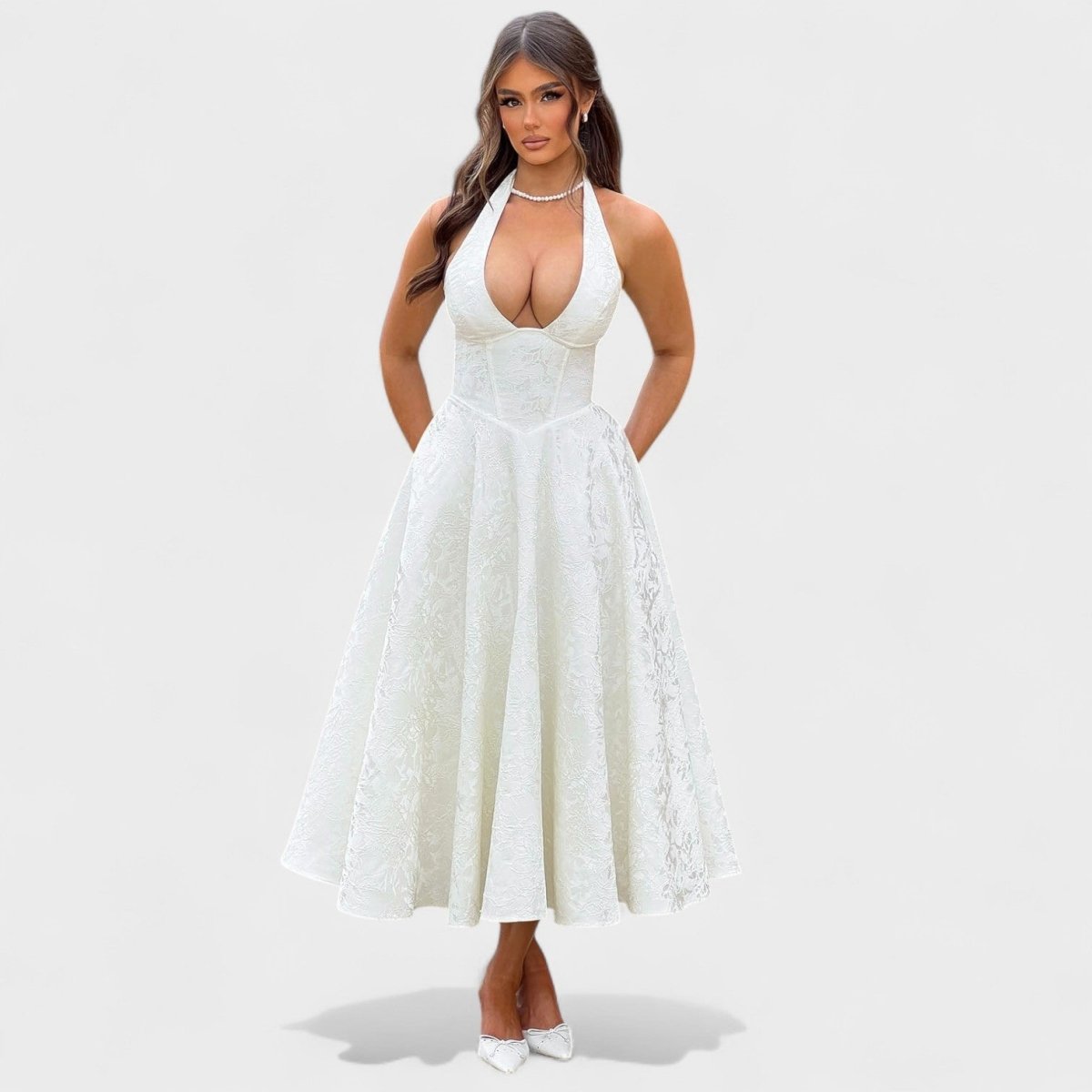 Effie™ | Vestido midi texturado com decote V - | Benedita Lisboa