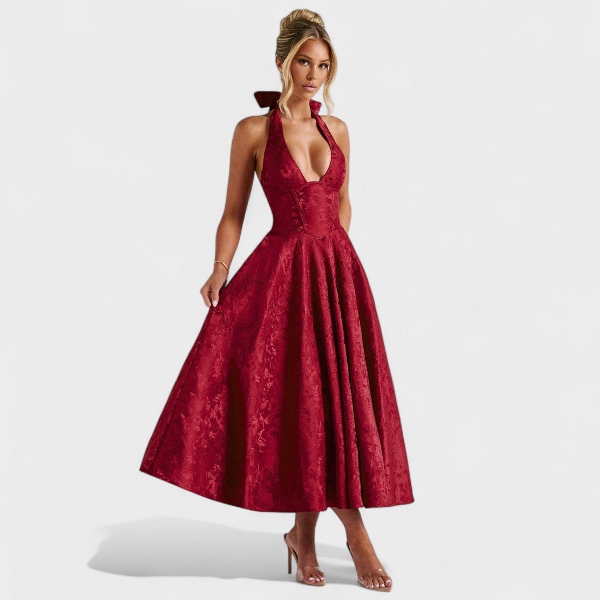 Effie™ | Vestido midi texturado com decote V - | Benedita Lisboa