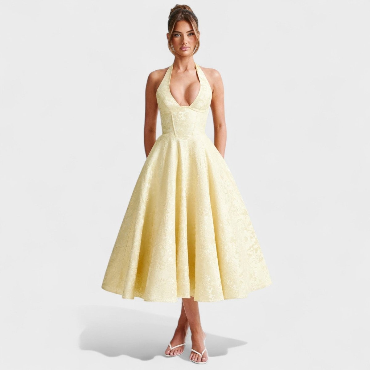 Effie™ | Vestido midi texturado com decote V - | Benedita Lisboa
