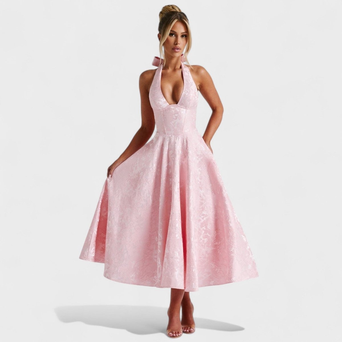 Effie™ | Vestido midi texturado com decote V - | Benedita Lisboa