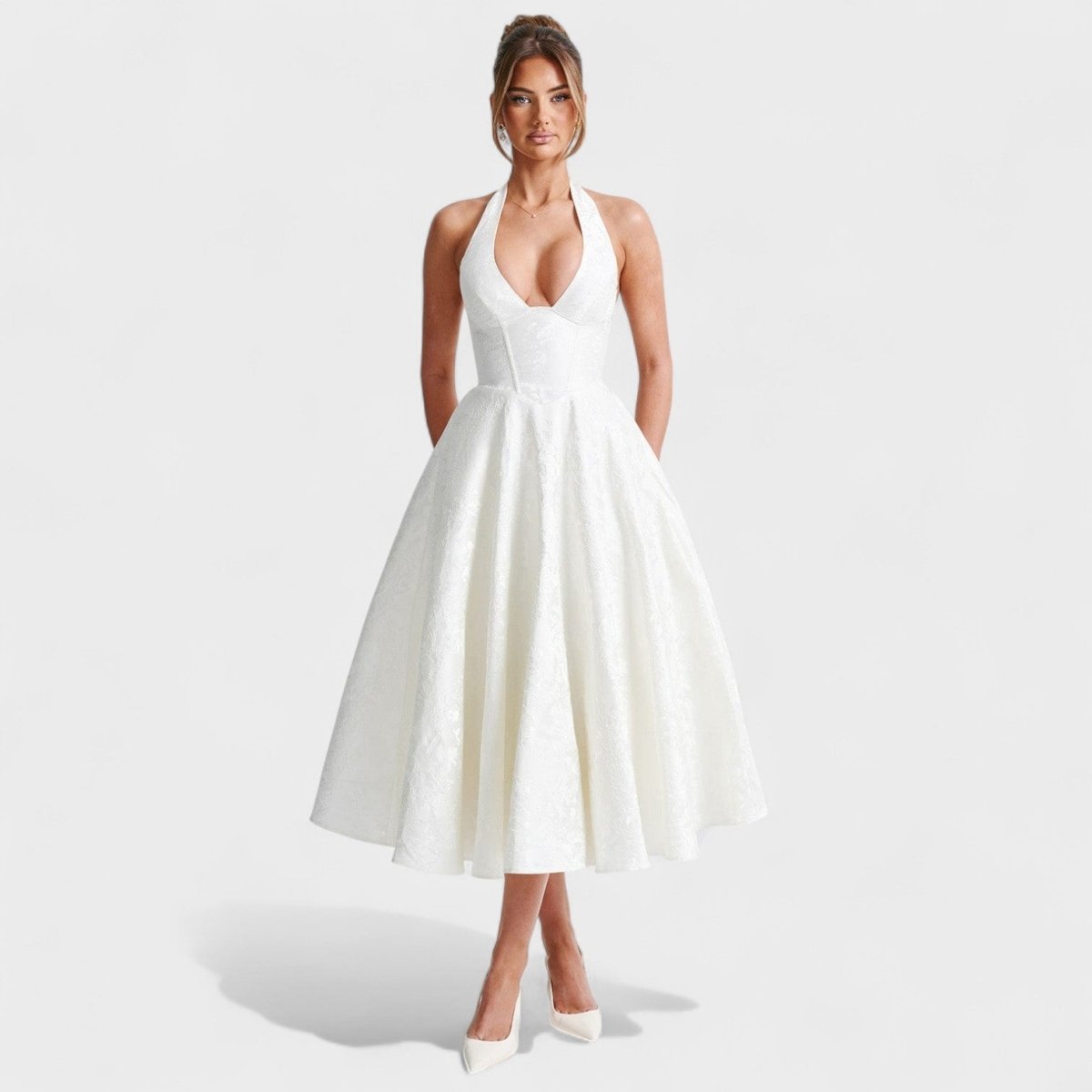 Effie™ | Vestido midi texturado com decote V - | Benedita Lisboa
