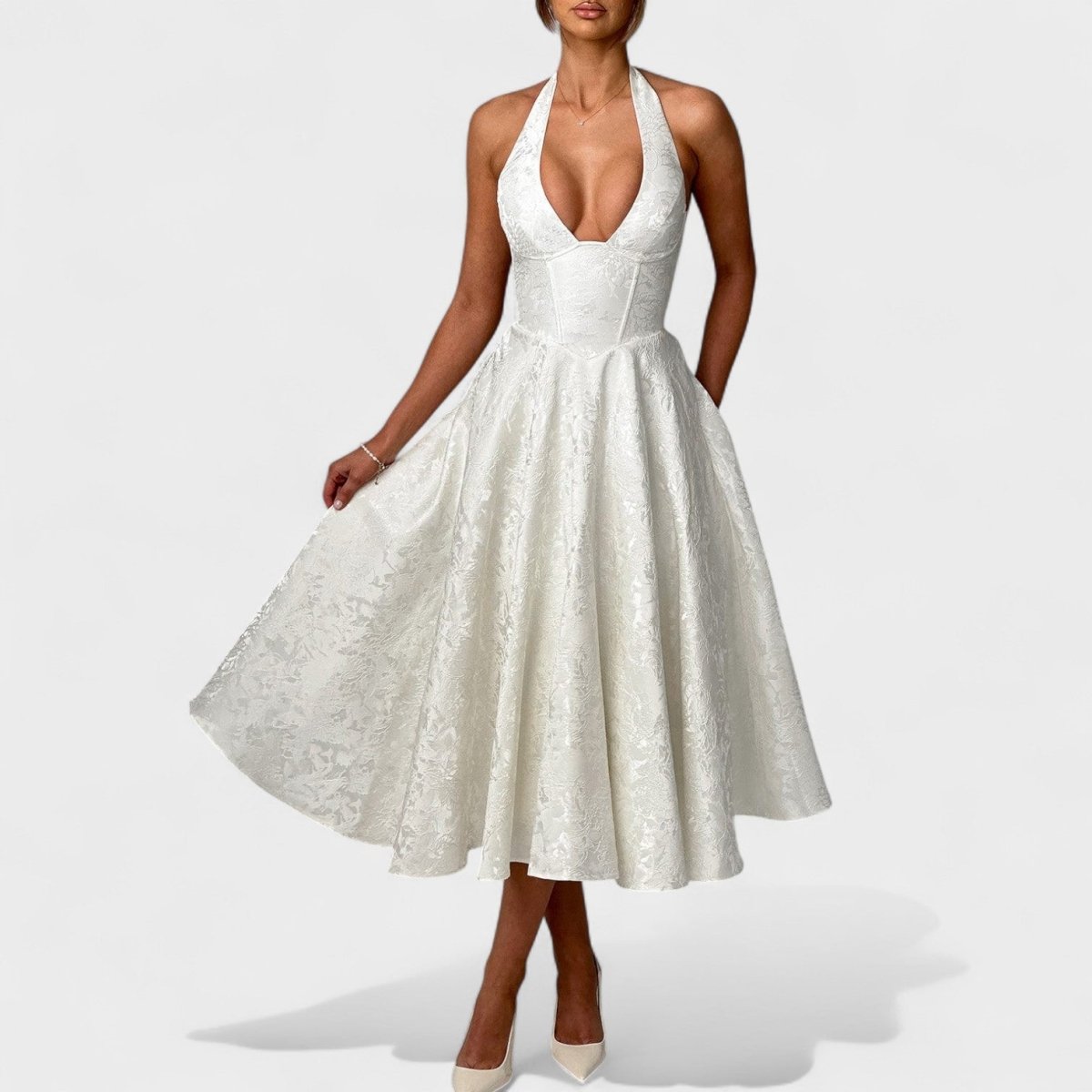 Effie™ | Vestido midi texturado com decote V - | Benedita Lisboa