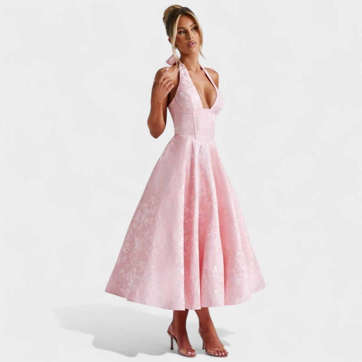Effie™ | Vestido midi texturado com decote V - | Benedita Lisboa