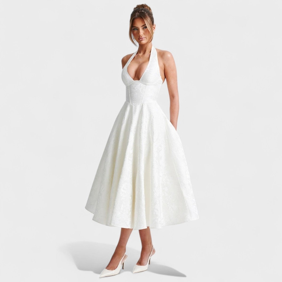 Effie™ | Vestido midi texturado com decote V - | Benedita Lisboa