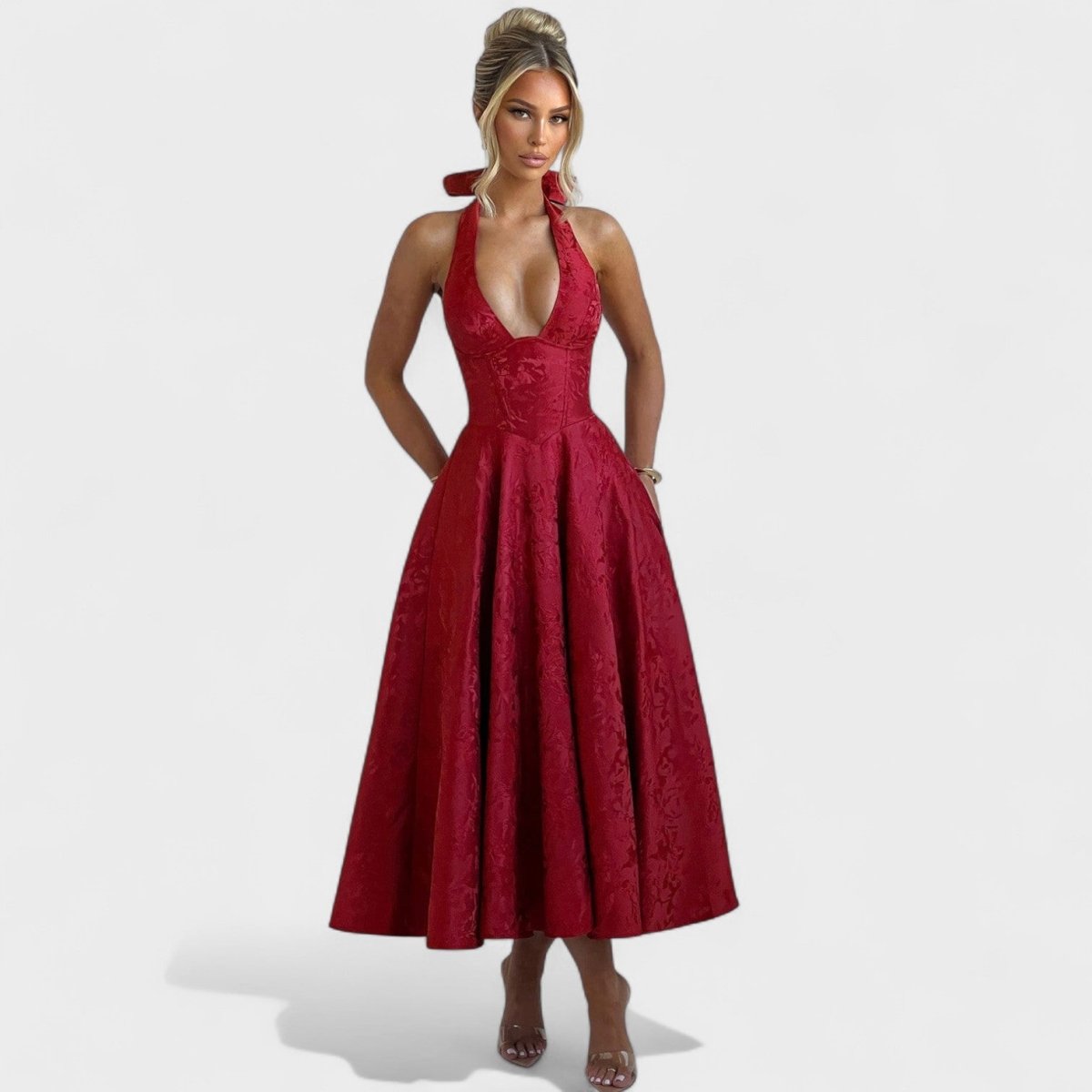 Effie™ | Vestido midi texturado com decote V - | Benedita Lisboa