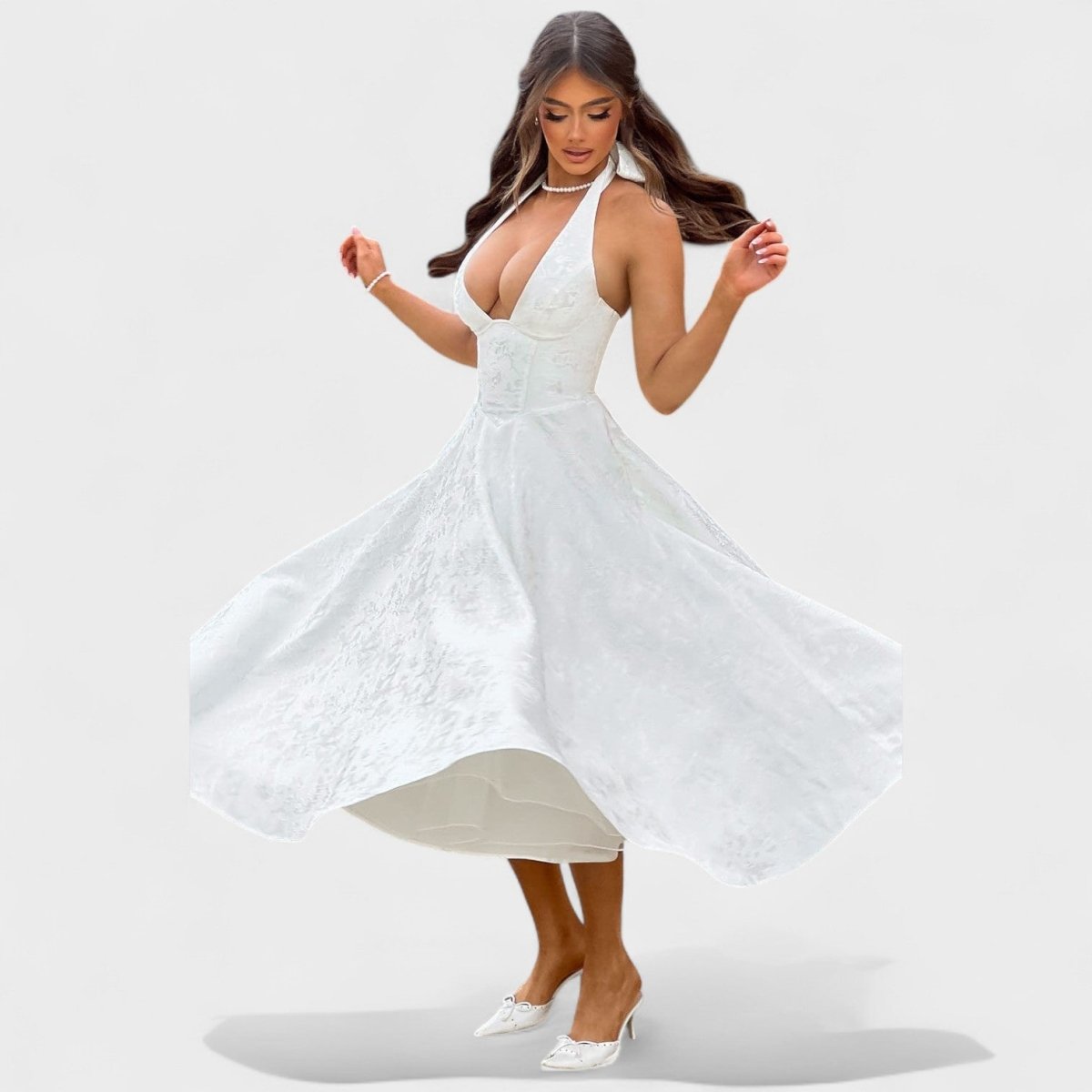 Effie™ | Vestido midi texturado com decote V - | Benedita Lisboa
