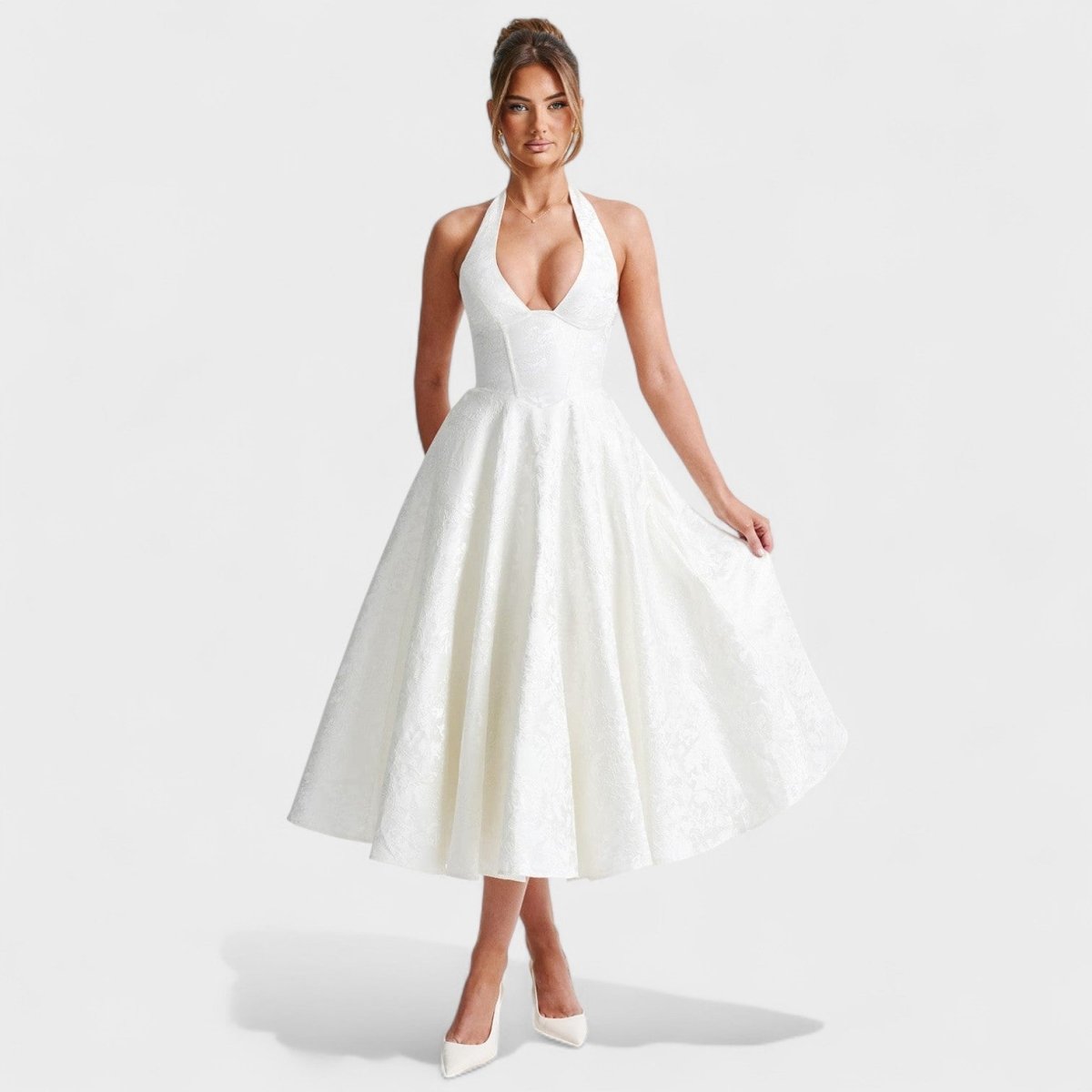 Effie™ | Vestido midi texturado com decote V - | Benedita Lisboa