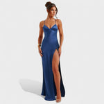 Elena™ | Vestido de cetim cruzado azul meia - noite - | Benedita Lisboa