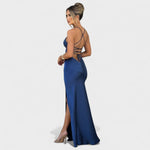 Elena™ | Vestido de cetim cruzado azul meia - noite - | Benedita Lisboa