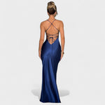 Elena™ | Vestido de cetim cruzado azul meia - noite - | Benedita Lisboa