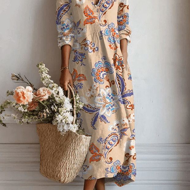 Ema™ | Vestido Boho Longo Creme Estampado - Vestido | Benedita Lisboa