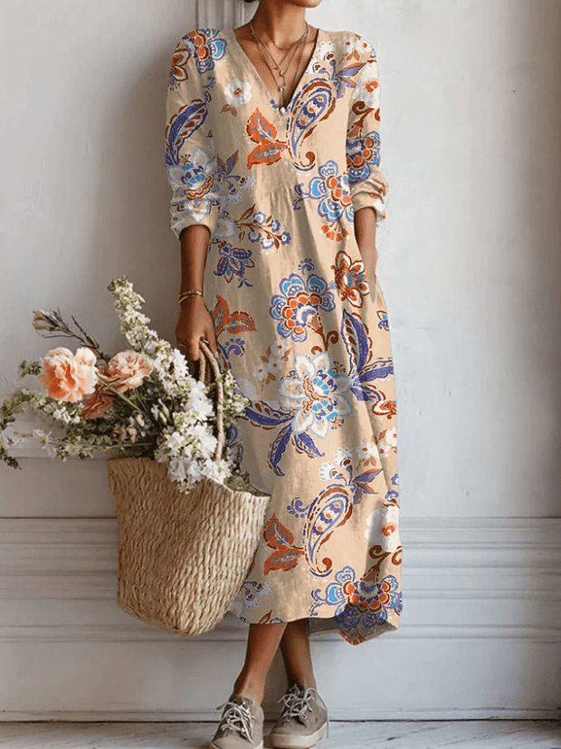 Ema™ | Vestido Boho Longo Creme Estampado - Vestido | Benedita Lisboa