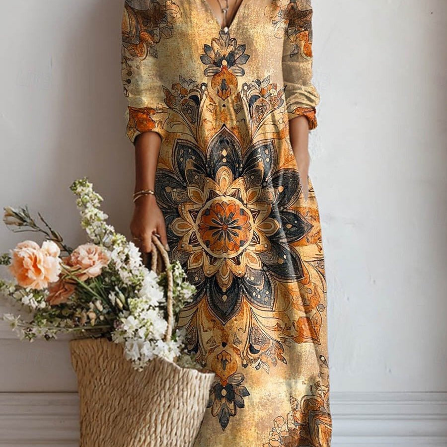 Filipa™ | Vestido Boho Longo Ocre com Estampado Oriental - Vestido | Benedita Lisboa