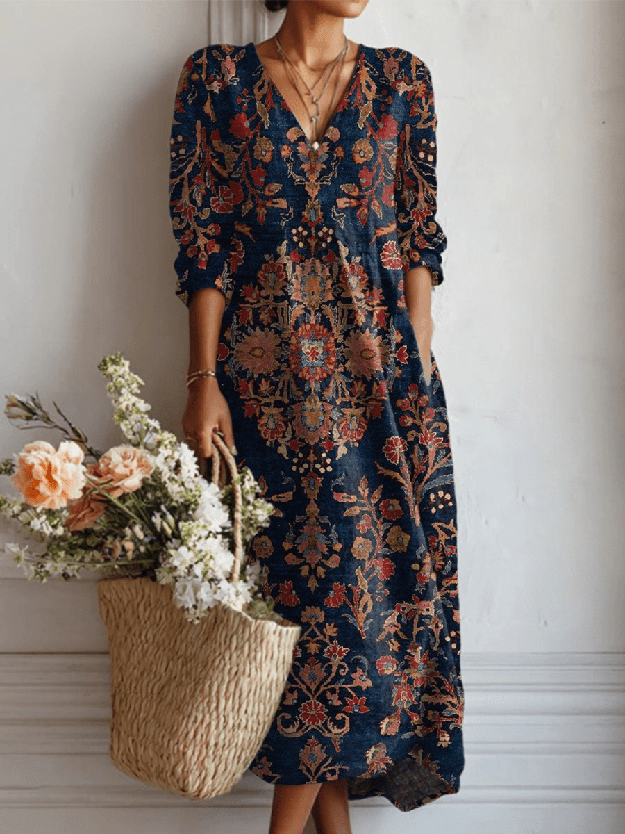 Francisca™ | Vestido Boho Longo Azul com Flores - Vestido | Benedita Lisboa